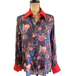 Rich & Royal Blue Floral Button-Up Red Collar and Cuffs Blouse Shirt Sz 6/36